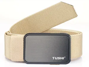 Close-up of khaki elastic nylon tactical belt with a brushed metal quick-release buckle