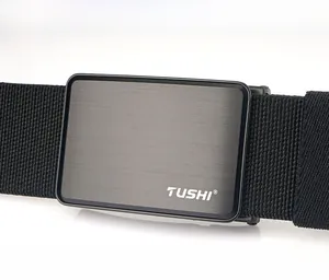 Close-up of zinc alloy brushed metal buckle and durable black nylon canvas belt