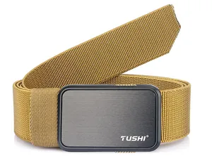 Detailed macro of khaki tactical nylon belt showing high-density weave and matte buckle