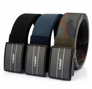Detail showing zinc alloy press buckle and durable nylon fabric belts in multiple colors