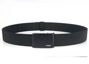 Detail of black tactical nylon belt featuring a brushed metal quick-release buckle