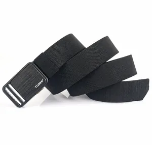 Detail of black tactical nylon belt showing the brushed metal buckle and elastic strap