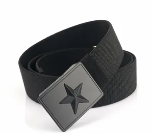 Detail view of 3.8cm black nylon tactical belt with star-embossed metal buckle