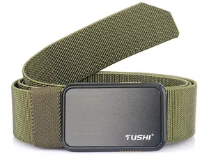 Close-up of olive green elastic nylon belt showing durable textured weave and metal buckle