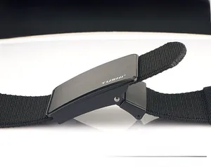 Detail of adjustable matte black metal buckle and durable nylon canvas belt strap