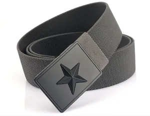 Detail of grey tactical canvas belt showing matte black buckle with embossed star