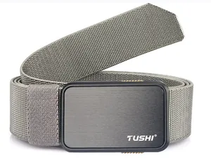Detail of grey tactical nylon elastic belt featuring a black metal quick-release buckle