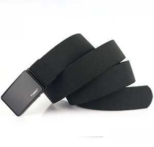 Detail of black nylon woven belt with smooth metal buckle and white TUSHI logo text