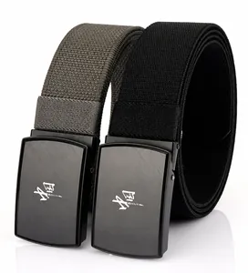 Detail of canvas belt buckle with brushed metal finish and China character engraving