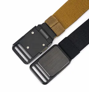 Zinc alloy safety buckle detail on durable nylon tactical belt in black and khaki