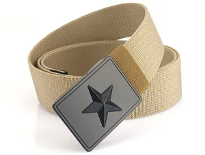 Close-up of khaki tactical nylon belt with black metal star buckle and woven texture