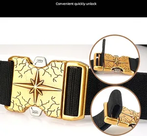 Detail of 3.8cm nylon belt with golden quick-release buckle and stepless adjustment