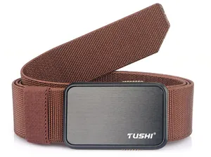 Detailed close-up of brown nylon tactical belt with a brushed black metal buckle