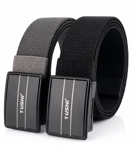 Detail shot of grey and black woven belts with matte metal buckle and TUSHI logo