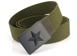 Detail of army green canvas tactical belt with matte black star embossed buckle