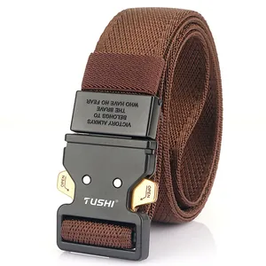 Brown elastic tactical belt with high-density weave and black quick-release metal buckle