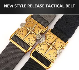 Detail of tactical belt metal buckles with star compass engraving and canvas texture