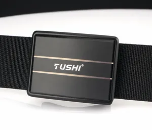 Macro shot of durable black nylon web belt featuring a zinc alloy buckle and TUSHI logo