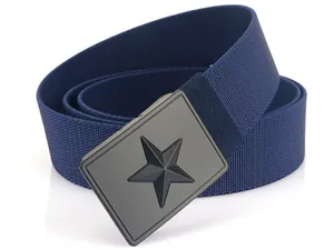 Detail of navy blue tactical canvas belt with a 3D star embossed on the metal buckle