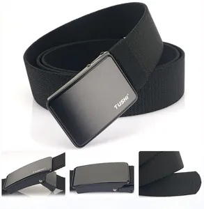 Detail view of TUSHI black nylon belt with matte alloy buckle and ergonomic design