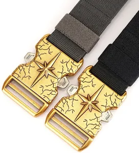 Close-up of 3.8cm tactical nylon belt with quick-release metal buckles in black and green