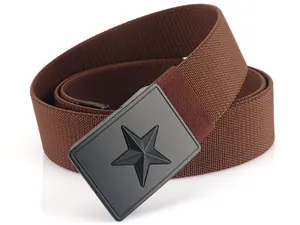 Detail of dark brown tactical canvas belt with star embossed matte black metal buckle