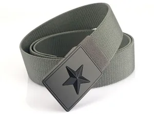Close-up of olive green tactical nylon canvas belt with black star embossed buckle