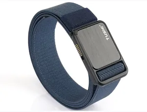 Close-up of a navy blue stretch woven nylon belt with a premium black metal buckle detail