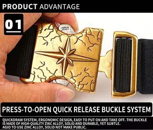 Detail of zinc alloy quick release buckle with star pattern and black canvas belt