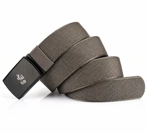 Detail of grey canvas belt with zinc alloy buckle and reinforced leather tip