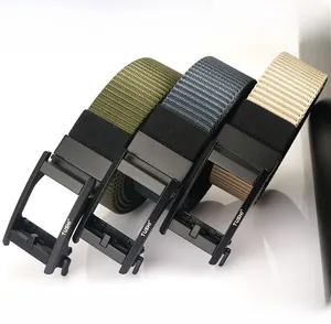 Detailed view of durable nylon canvas belts with three colors and matte alloy rotary buckles