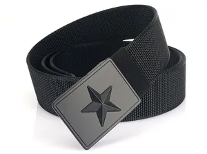 Detail of black tactical nylon belt featuring a matte buckle with a 3D star emblem
