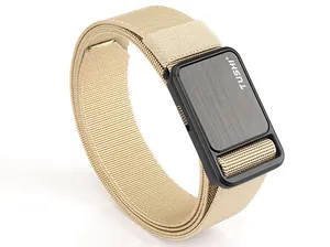 Close-up of TUSHI tactical nylon belt with black metal buckle and brushed texture
