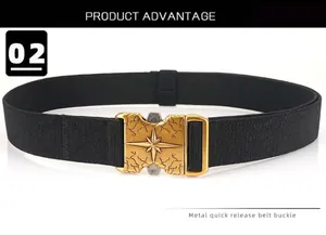 Detail of the tactical quick release metal buckle with a vintage star pattern on a black strap