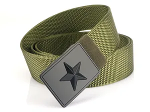 Detail of army green nylon tactical belt with black matte metal star buckle