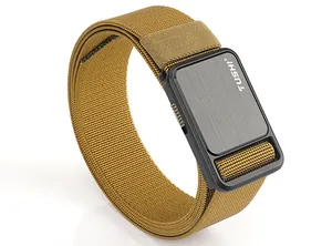 Close-up of tactical nylon elastic belt with black metal buckle and TUSHI logo