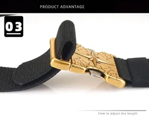 Detail of canvas tactical belt showing gold buckle with star and map relief texture