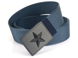 Detail of dark blue nylon tactical belt featuring a matte black star buckle and woven texture