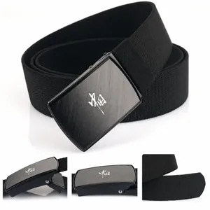 Detail of black canvas tactical belt featuring a brushed metal buckle with Chinese calligraphy