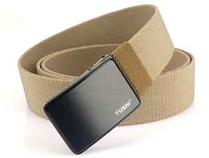 Detailed view of khaki nylon canvas belt featuring a brushed black metal buckle