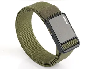 Close-up of army green tactical nylon belt with black metal buckle and woven texture