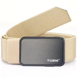 Khaki tactical elastic nylon belt with black quick-release buckle for men