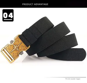 Macro detail of elastic black tactical belt featuring a vintage gold star buckle