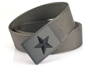 Close-up of tactical nylon canvas belt with black metal buckle and embossed star pattern