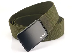 Detail of army green nylon canvas belt with black metal brush-finish buckle and TUSHI logo