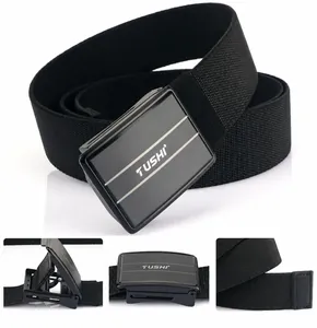 Detail showing the snap-button buckle mechanism and reinforced tail of the black nylon belt