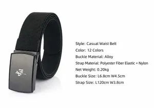 Detail view of adjustable black canvas belt with matte buckle showing 120cm length