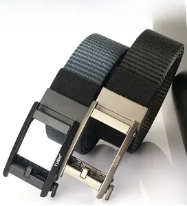 Detail of nylon web belts featuring brushed metal automatic buckles in black and navy