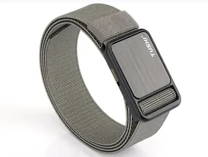 Detail of grey stretch nylon belt showing dense weave texture and black alloy buckle