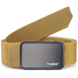 Tactical khaki elastic nylon belt with black metal quick-release buckle for outdoors